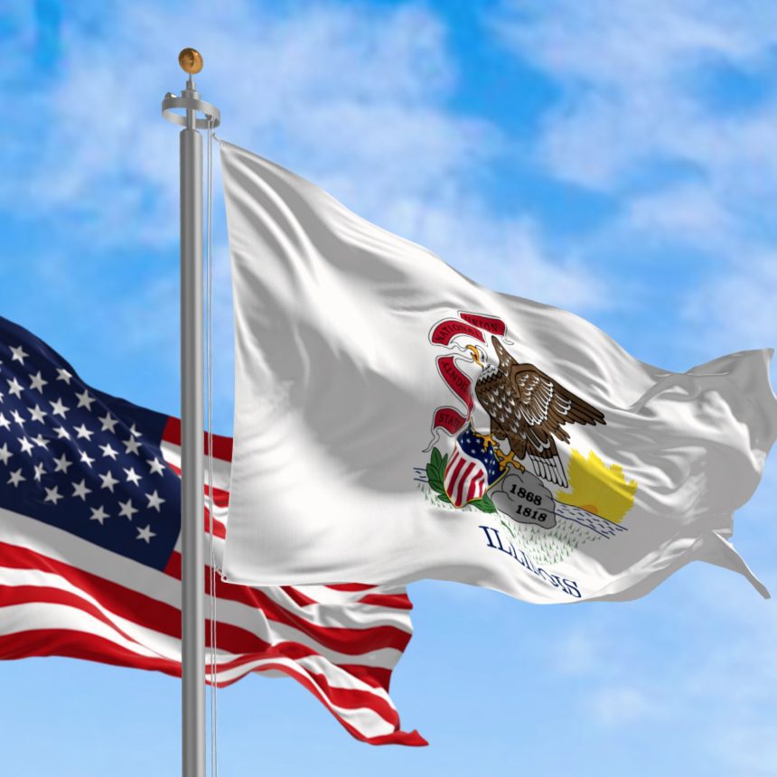 Illinois state flag and American flag waving.